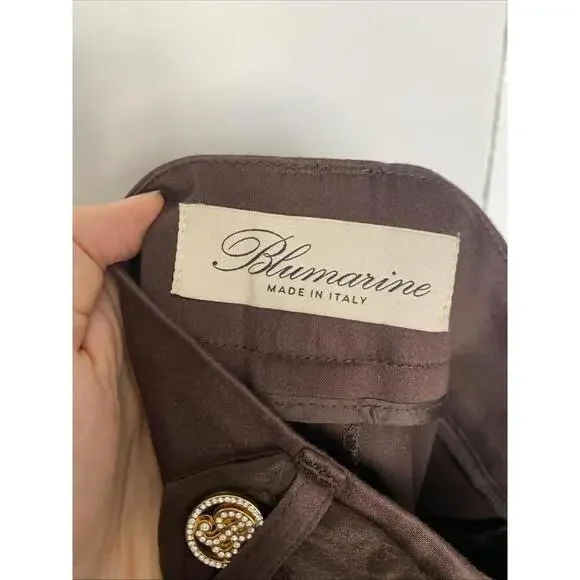 BLUMARINE Brown Cotton Dress Pants Trousers Rhinestone Logo IT-40 - Picture 7 of 9